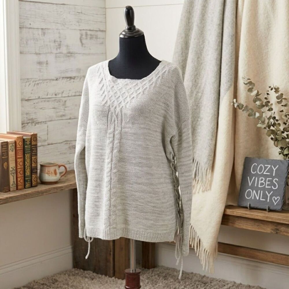 Freshman 1996 Heather Gray Lace Up Side Cable Knit Sweater M Oversized